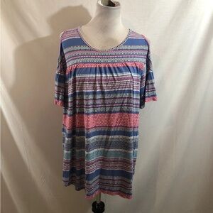 Chelsea Studio Blue & Pink Design Short Sleeve Top, Shoulder Cutouts -Womens 1X